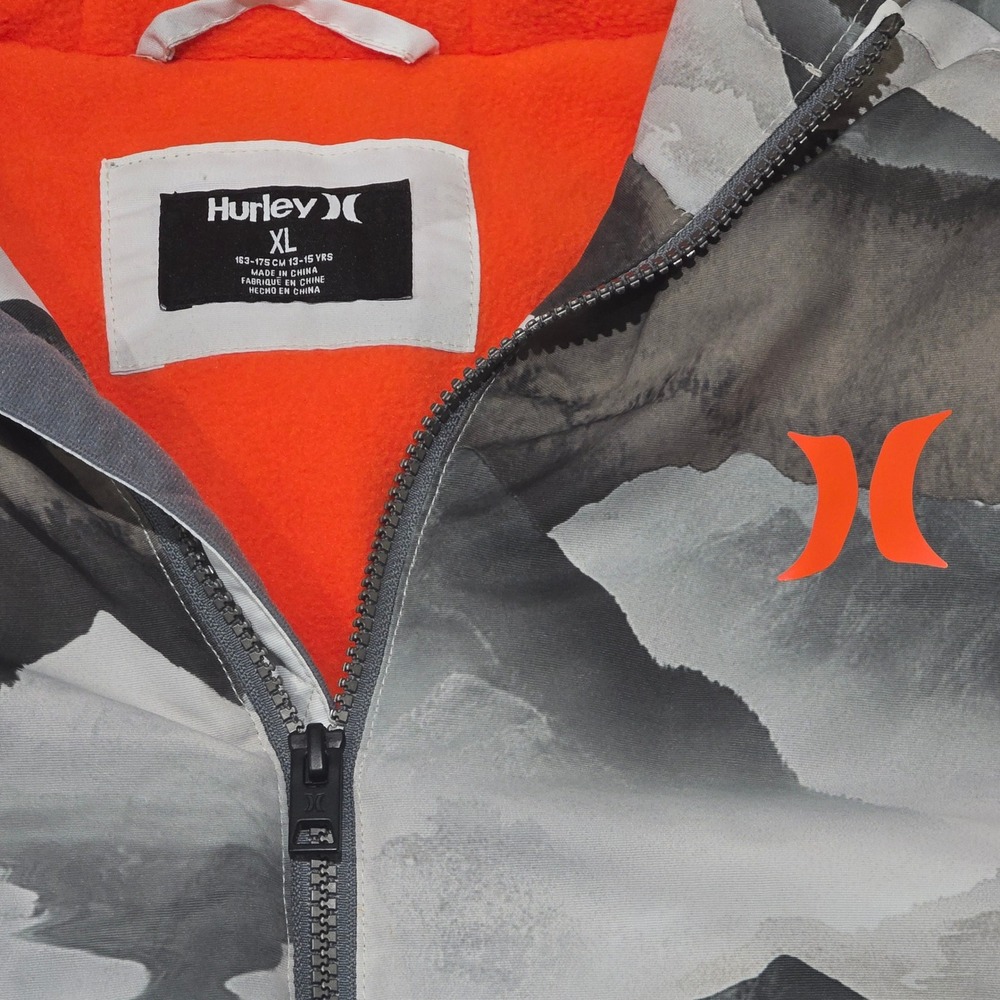 Hurley Boys XL Mountain Print Hooded Puffer Jacket Orange Fleece Lined - Picture 3 of 14